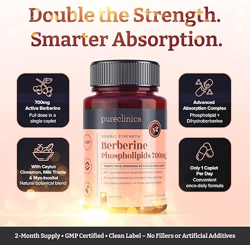 Miniatura 3 de pureclinica Complejo de berberina de doble fuerza, 700 mg de berberina activa, dihidroberina, canela de Ceilán, cardo mariano, 60 comprimidos, alta
