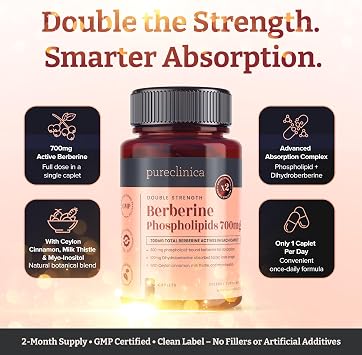 Double Strength Berberine Complex – 700mg Active Berberine x 60 Caplets – 2 Month Supply – with Dihydroberberine, Ceylon Cinnamon and Inositol