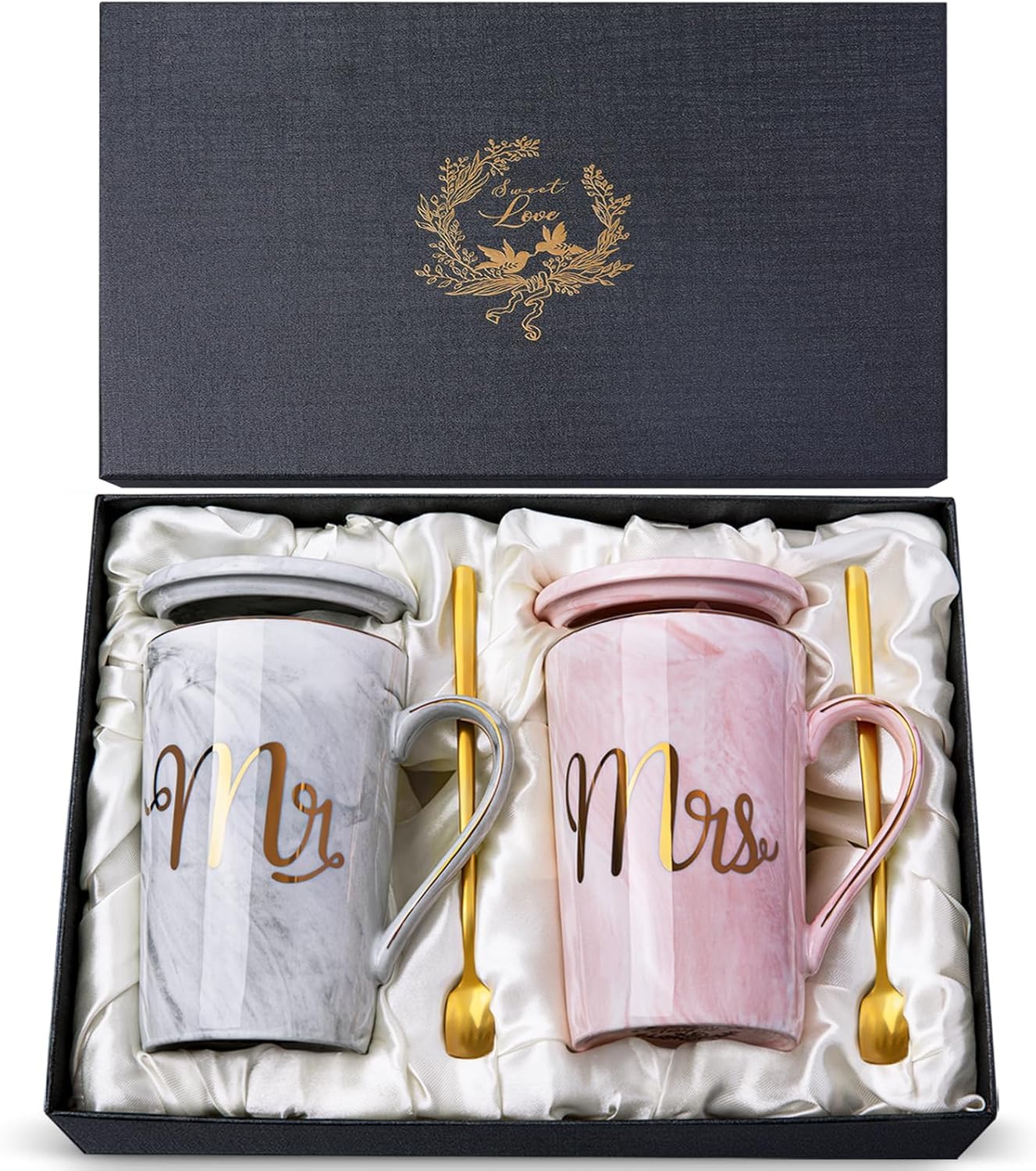 Mr and Mrs Coffee Mug - Wedding Present for Bride and Groom - Bridal Shower Engagement - Married Couples Marble Ceramic Coffee Cups 14oz