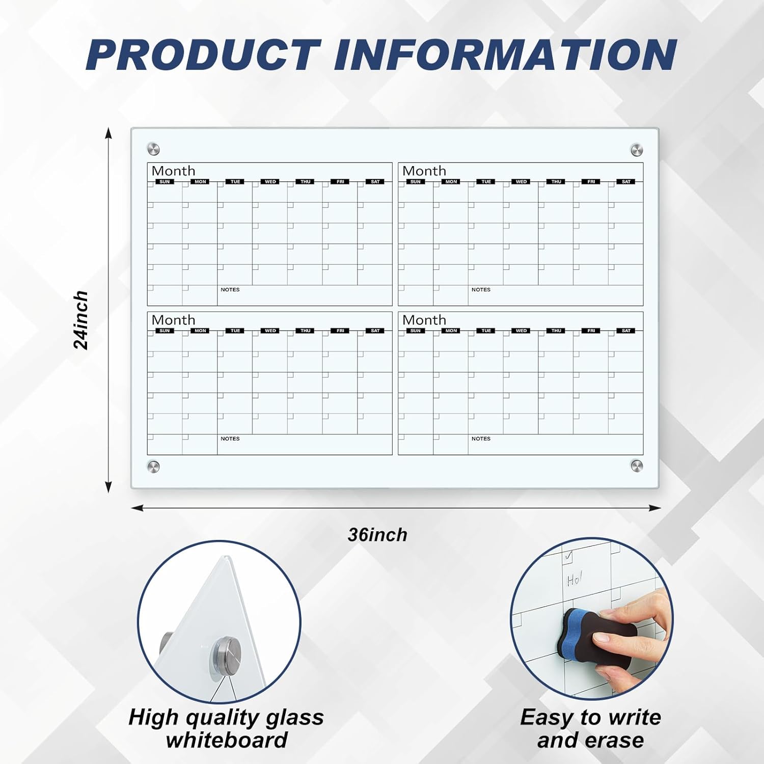 Glass Whiteboard Calendar Dry-Erase White Board Planner Glass Large Wall Mounted Calendar with Marker Tray for Wall Home or Office(Transparent,36" X 24",4 Month)