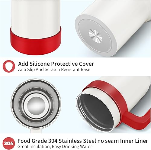 Miniatura 8 de KETIEE Vaso de 40 onzas con asa y popote, taza de viaje de acero inoxidable a prueba de fugas con tapa atornillada y pajilla, botella de agua