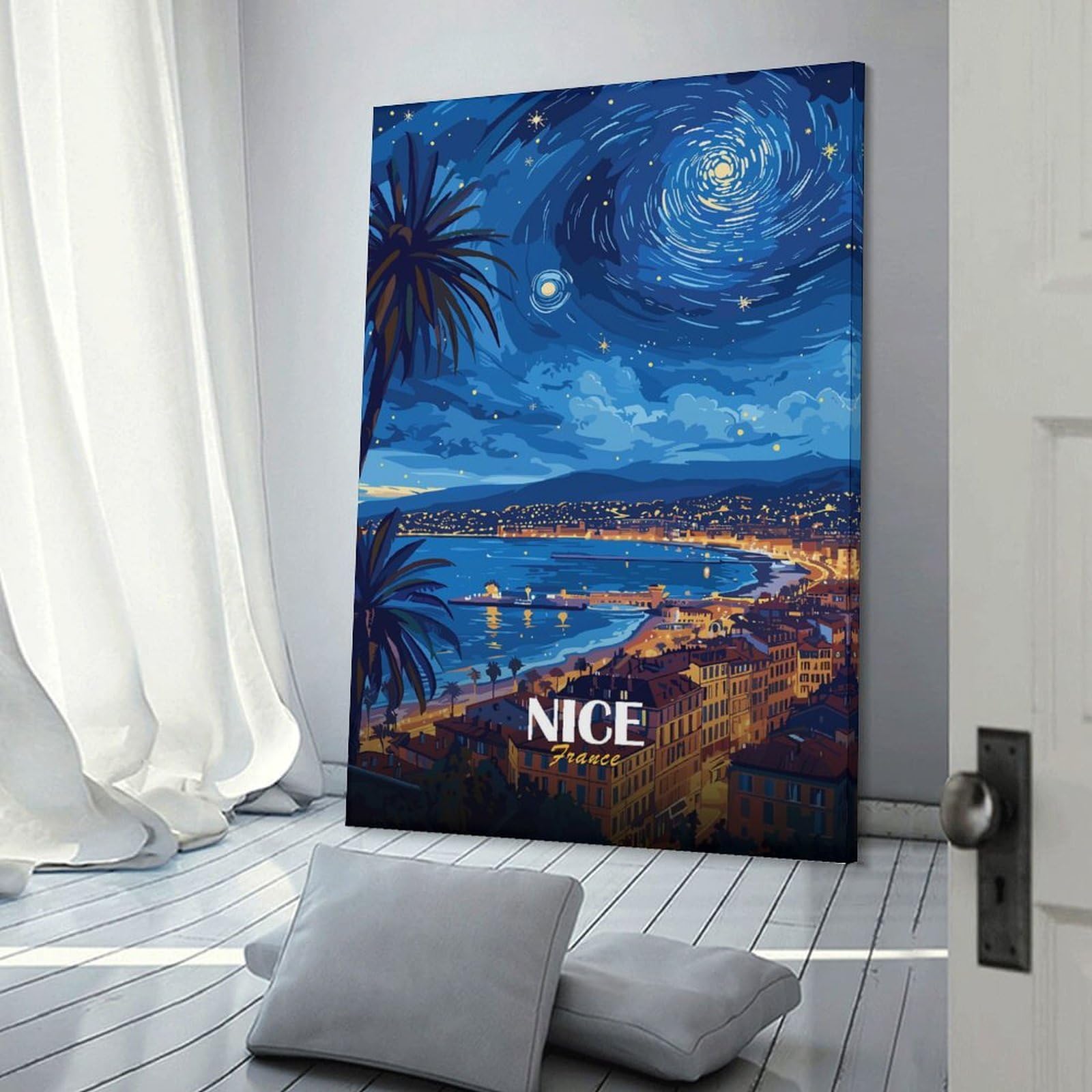 Junmoney Nice, France Starry Night Cityscape Wall Art Print, 24x36inch(60x90cm), for Living Room, Bedroom, Office Or Hallway, Canvas Wall Art That Fits Changing Layouts
