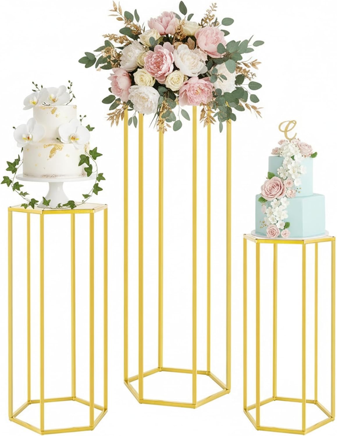 Set of 3 Metal Cylinder Stands for Party Centerpieces, Hexagon Nesting Pedestal Stands, Gold Cake Flower Plant Display Stands, Tall Columnar Vases for Birthday Party Event Home Wedding Decor (Gold)
