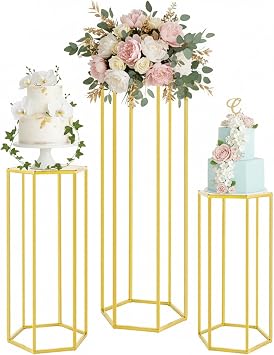 Set of 3 Metal Cylinder Stands for Party, Hexagon Nesting Pedestal Stands | Gold Cake Flower Plant Display Stands, Tall Geometric Columnar Vases for Centerpieces Birthday Party Event Home Wedding Decor