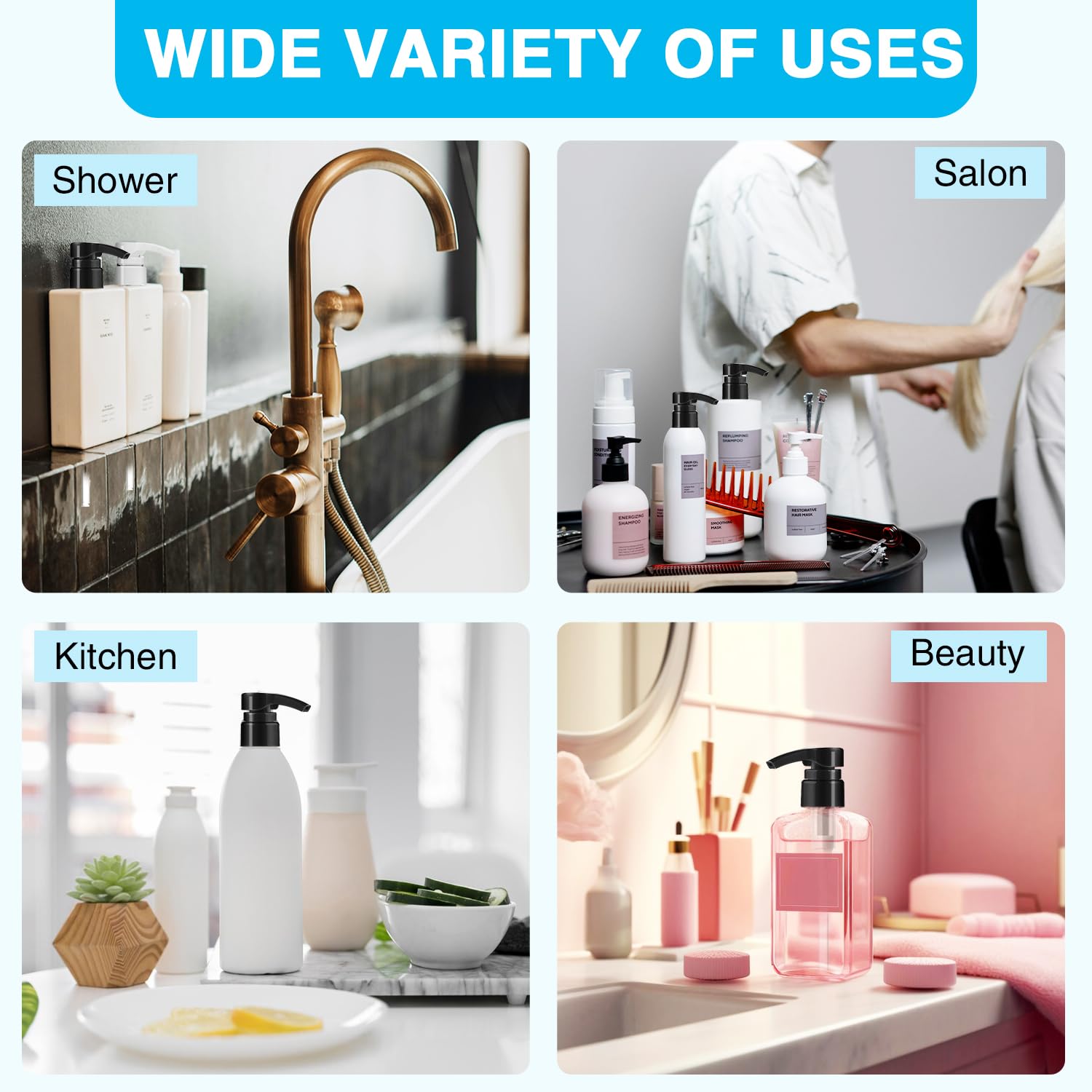 2-Pack Shampoo Pump for Liter 33.8 oz Shampoo and Conditioner, Pump Dispenser Fits Most Salon Bottles with 1-inch Wide Opening, Black & White Replacement Pump for Soft Hair Products, Body Wash, Lotion