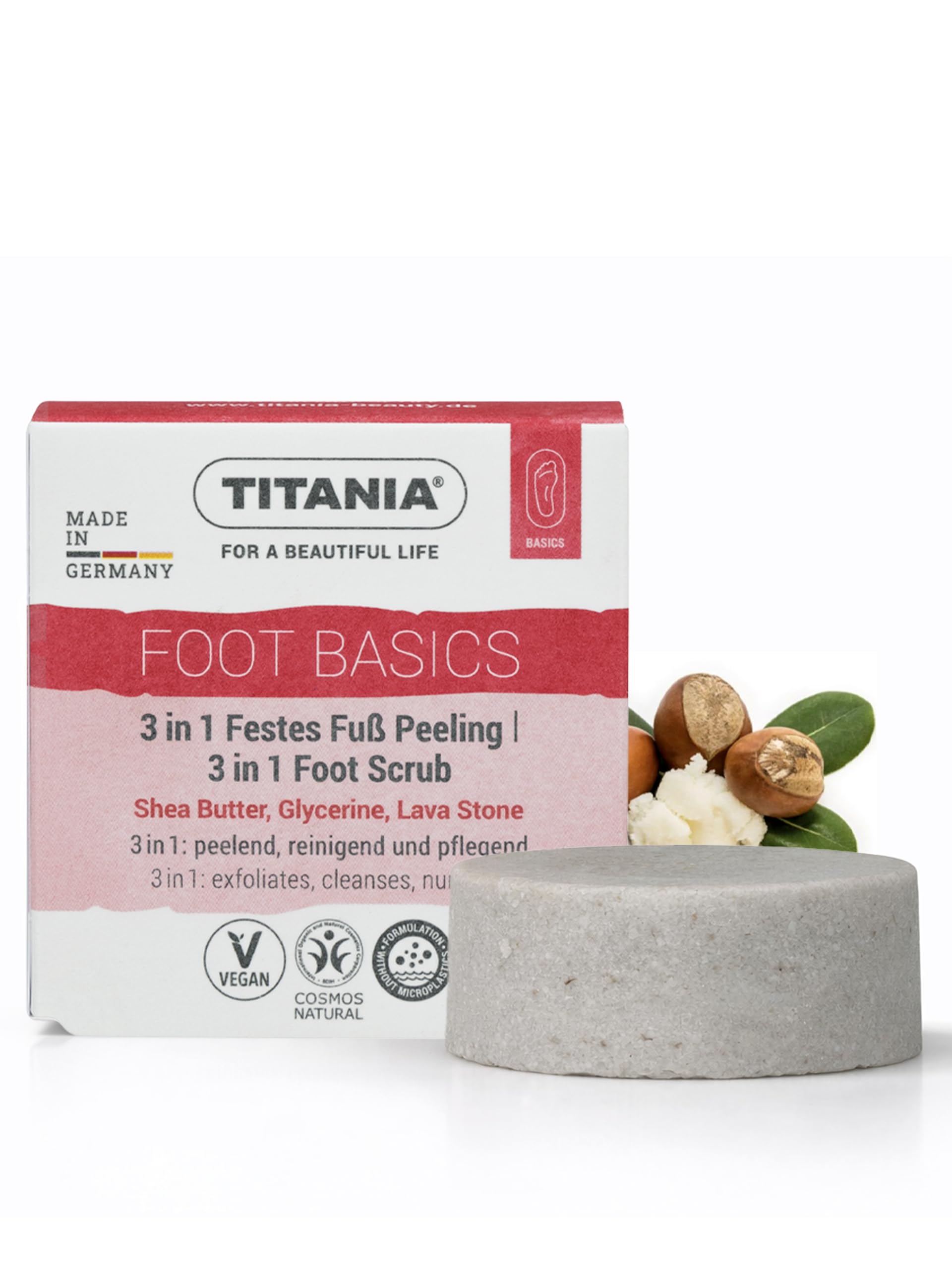 TITANIA Bloczek do peelingu stóp 3 w 1, mocny peeling do stóp, masło shea, gliceryna i pumeks, COSMOS Natural, wegański, Made in Germany