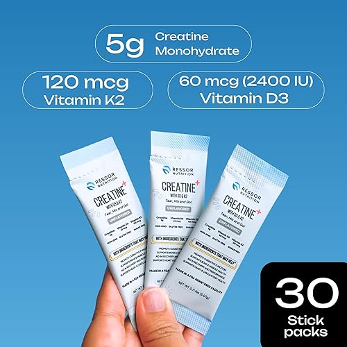 Miniatura 2 de Ressor - Monohidrato de creatina en polvo para hombres y mujeres, paquetes de viaje de creatina micronizada de 0.18 oz con vitamina D3 2400 UI y