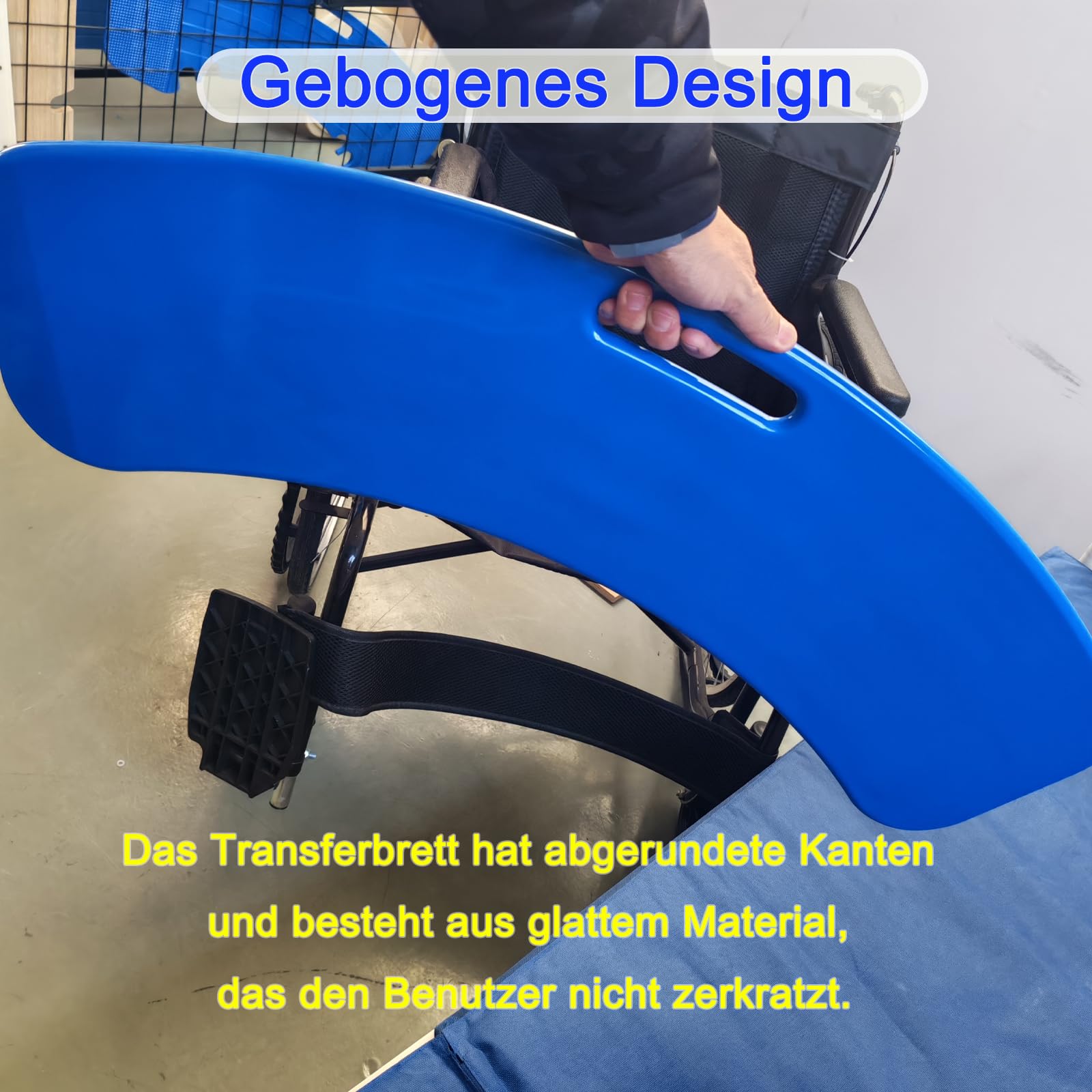Transferbrett mit Griff – Patienten- oder Handicap-Gleithilfegerät für sicheren und einfachen Transfer vom Rollstuhl ins Bett, Toilette, Auto oder Badewanne – rutschfeste Mobilitätshilfe (Blue)