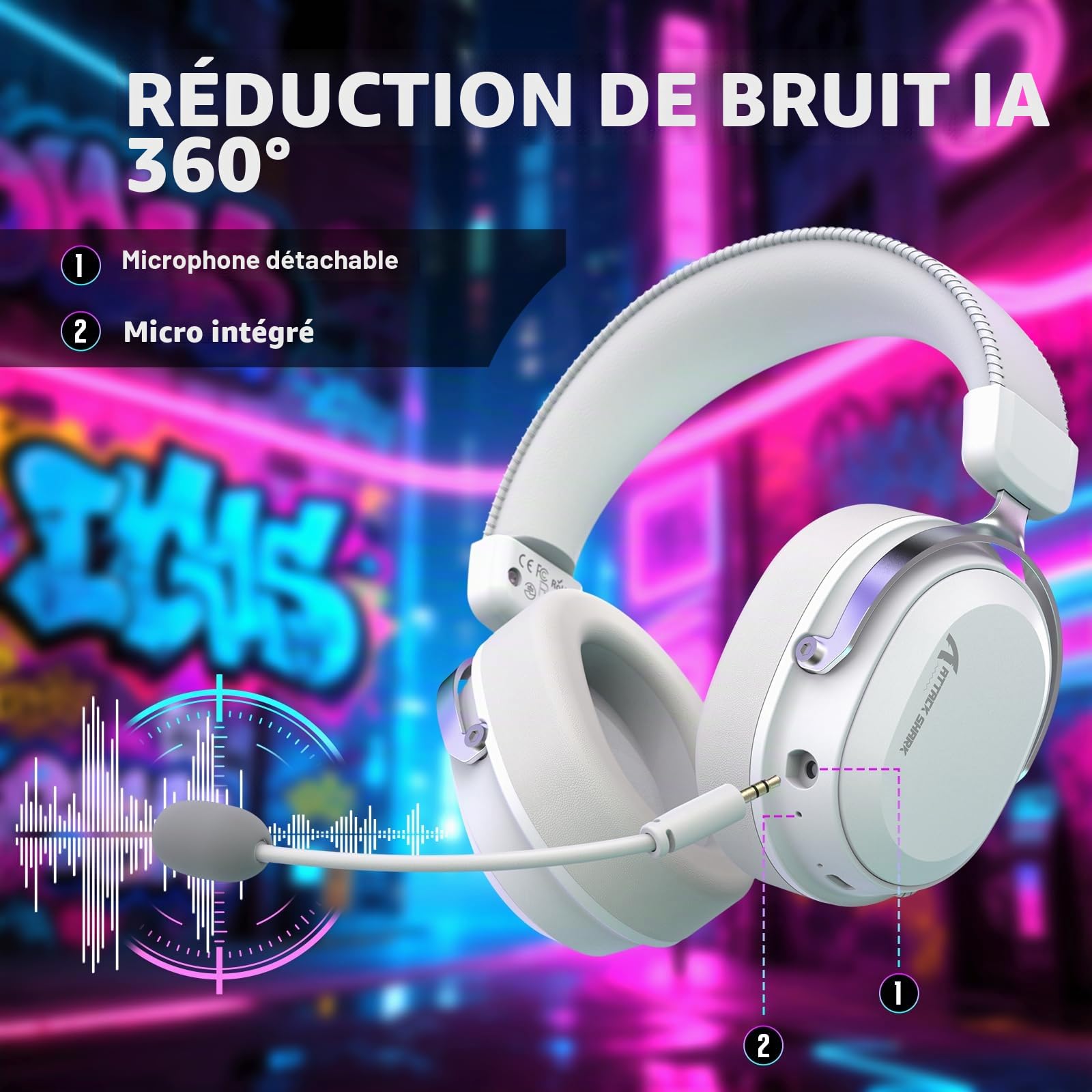 ATTACK SHARK L30PRO Casque Gaming sans Fil, Son Surround 7.1, Modes EQ, Haut Parleurs 50 mm, Connectivité Triple, Batterie 1100 mAh, Over Ear avec Microphone Amovible pour PC - Blanc