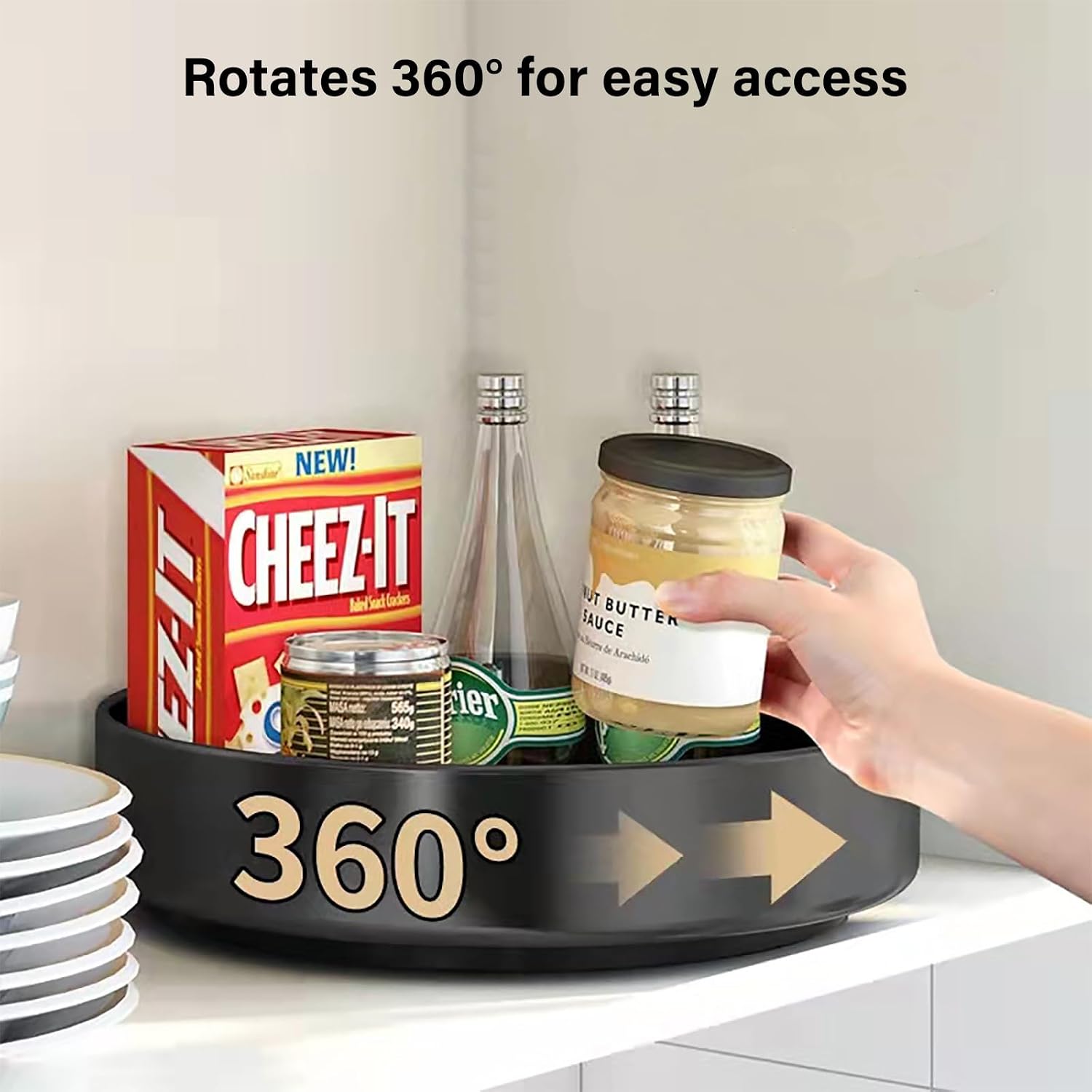 Steel Lazy Susan Organizer Stainless, Rotating Spice Rack, Turntable Organizer for Kitchen, Food Cupboard, Cabinet, Table Top & Countertop, Black