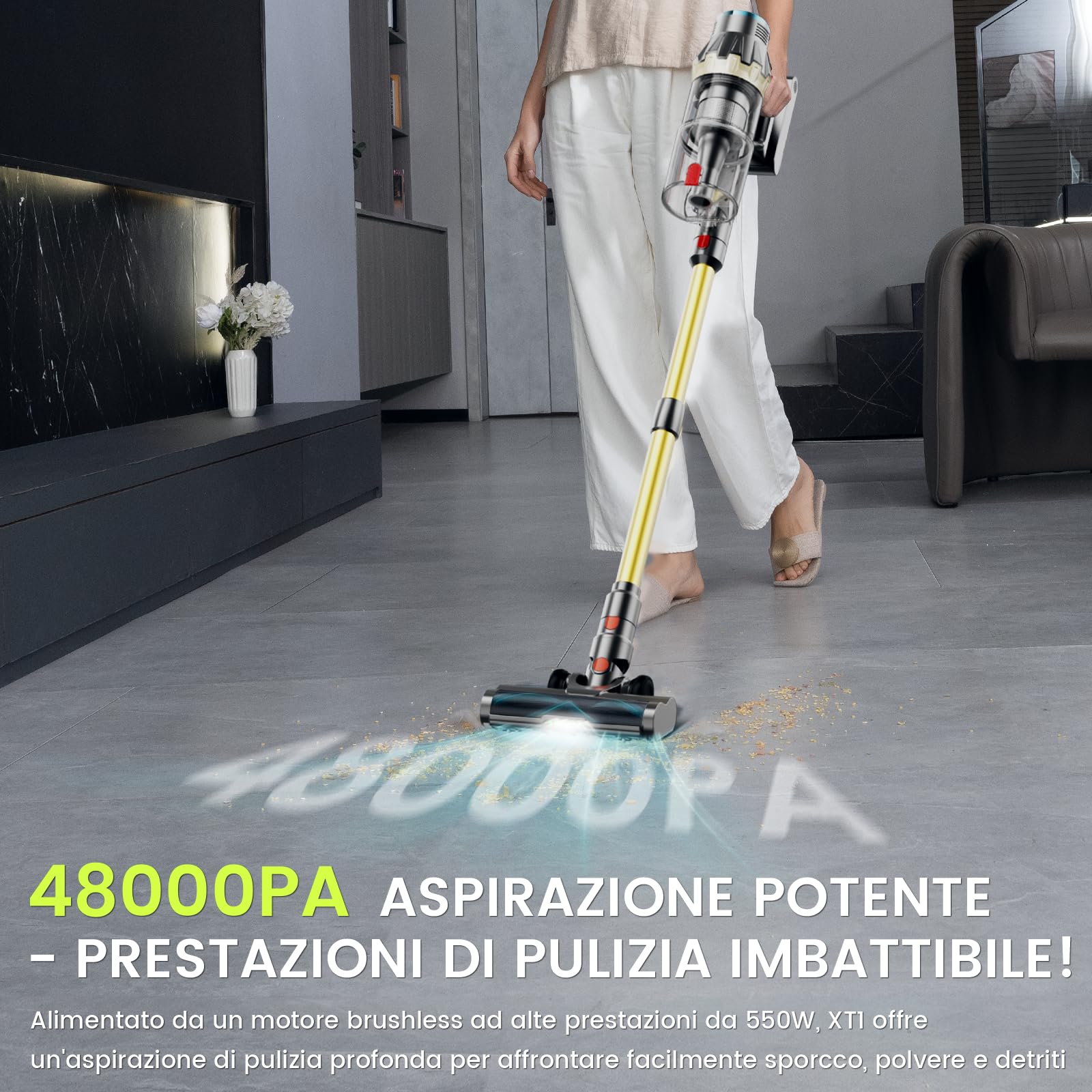 Linkifly XT1 Aspirapolvere Senza Fili Potente, 550W 48KPa Scopa Elettrica, Autonomia 60 Min, Display LED Touch, Batteria Rimovibile, Spazzola Anti-Groviglio, Ideale per Pavimenti e Peli di Animali