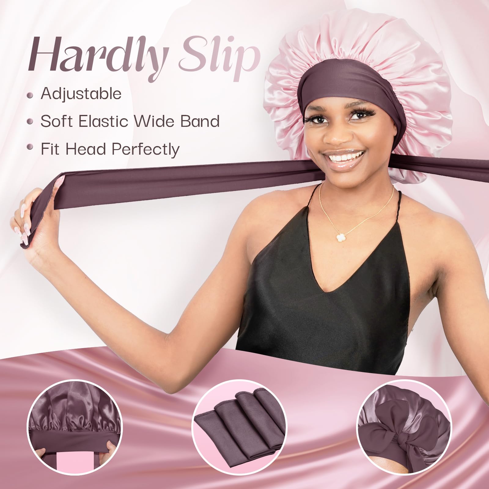 BONNET QUEEN Reversible Satin Bonnet for Sleeping Adjustable Silk Hair Cap for Women Night Head Wrap for Curly Long Braid Tresse Wigs, Light Purple and Pink - Image 4