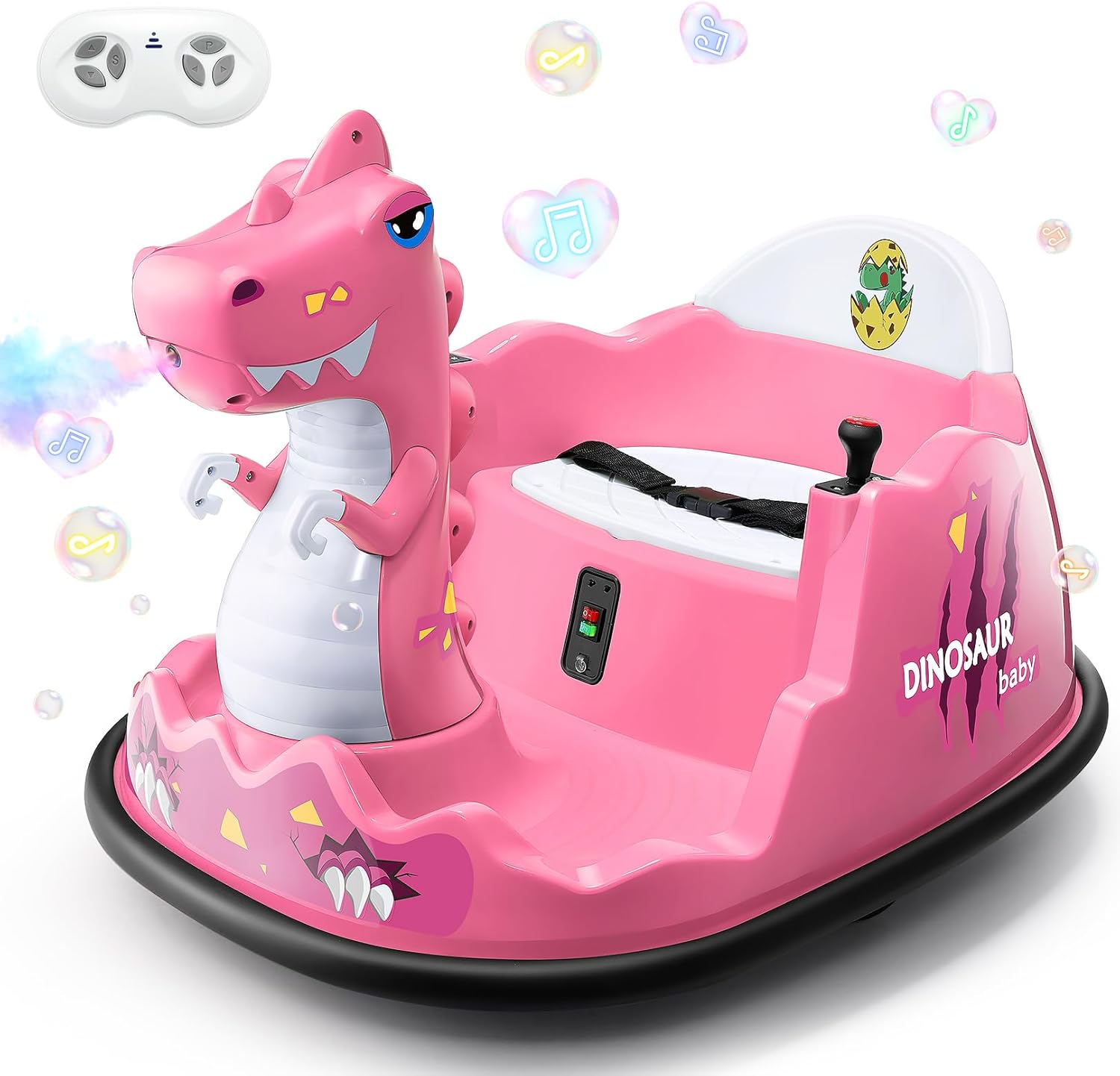 Hikole Dinosaur Baby Bumper Car for Kids 2-5, 12V Toddler Ride on Car with Remote Control, Colorful Light & Spray, 360°Degree Spin, 2 Driving Modes, 3 Speed Adjust, Rubber Bumpering Tyre, Pink