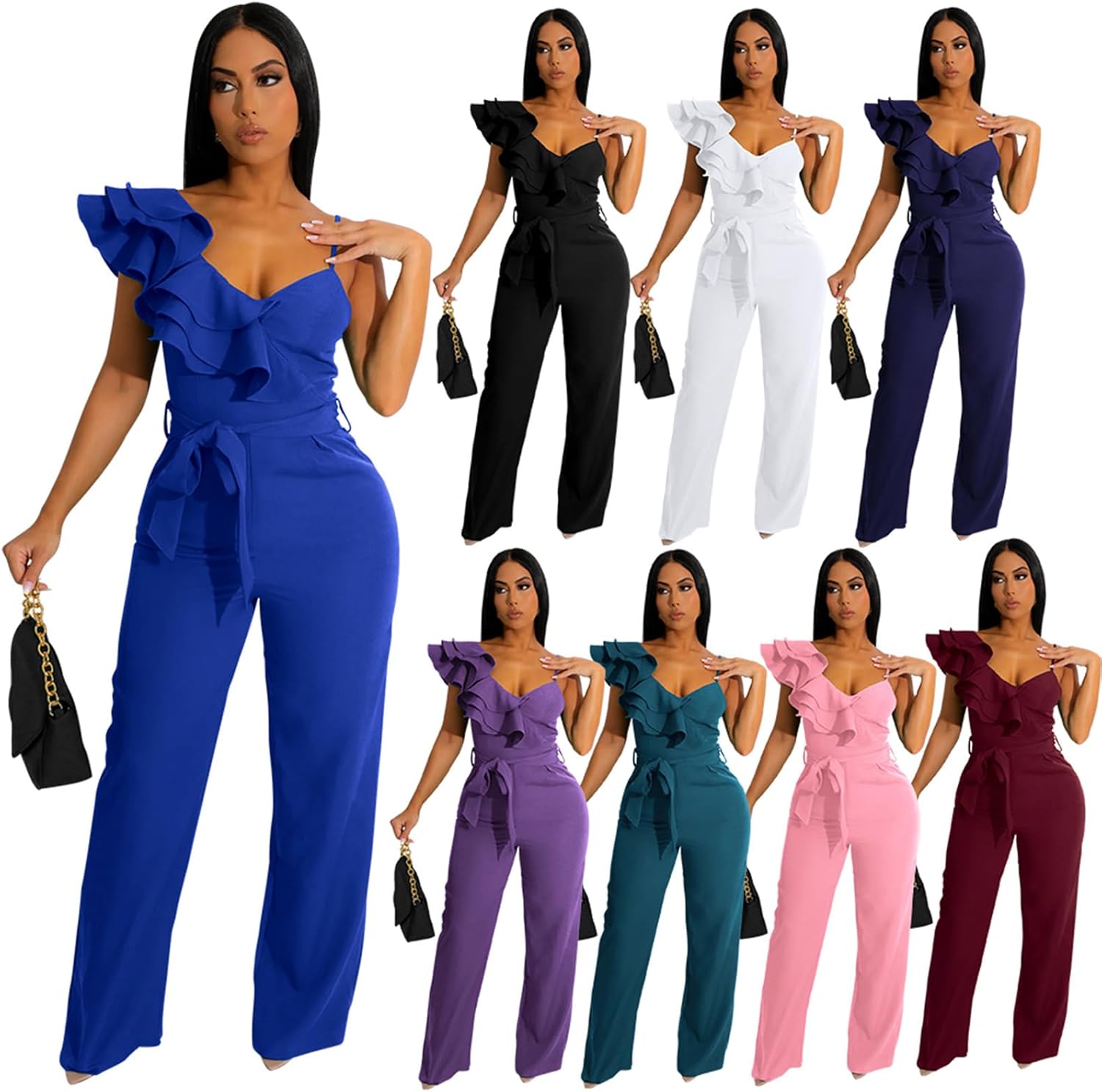 kaimimei Womens Casual Jumpsuits V-Neck Sleeveless Ruffle Backless Belted Wide Leg Pant Sexy Romper Party Clubwear - Image 2