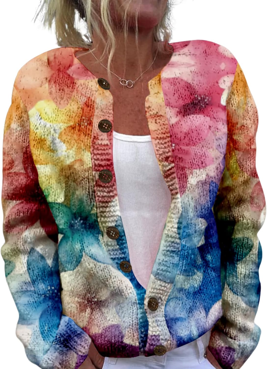 Floral Sweaters for Women Open Front Cardigan Chunky Long Sleeve Plus Size Button U...