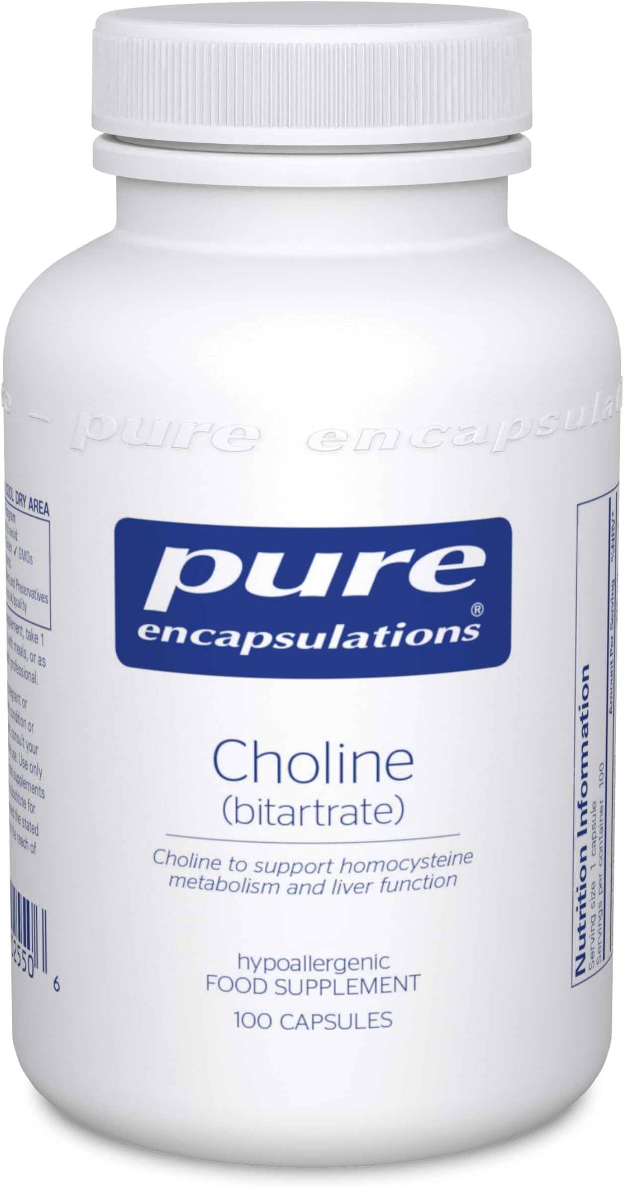 – Pure Encapsulations Choline (Bitartrate) - for a Normal Liver Function & Metabolism - Supplement with high-dose Choline - 100 Capsules