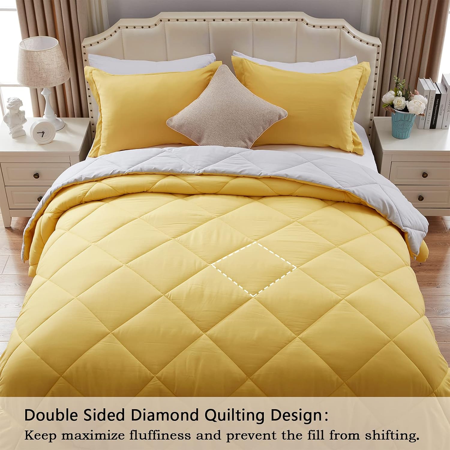 NexHome Queen Comforter Set Yellow&Grey,3 Pieces Lightweight Comforters Queen Size Reversible Bedding Comforters Sets,Down Alternative Comforter Bed Set Quilt Blanket(88x88In Comforter & 2 Pillowsham)