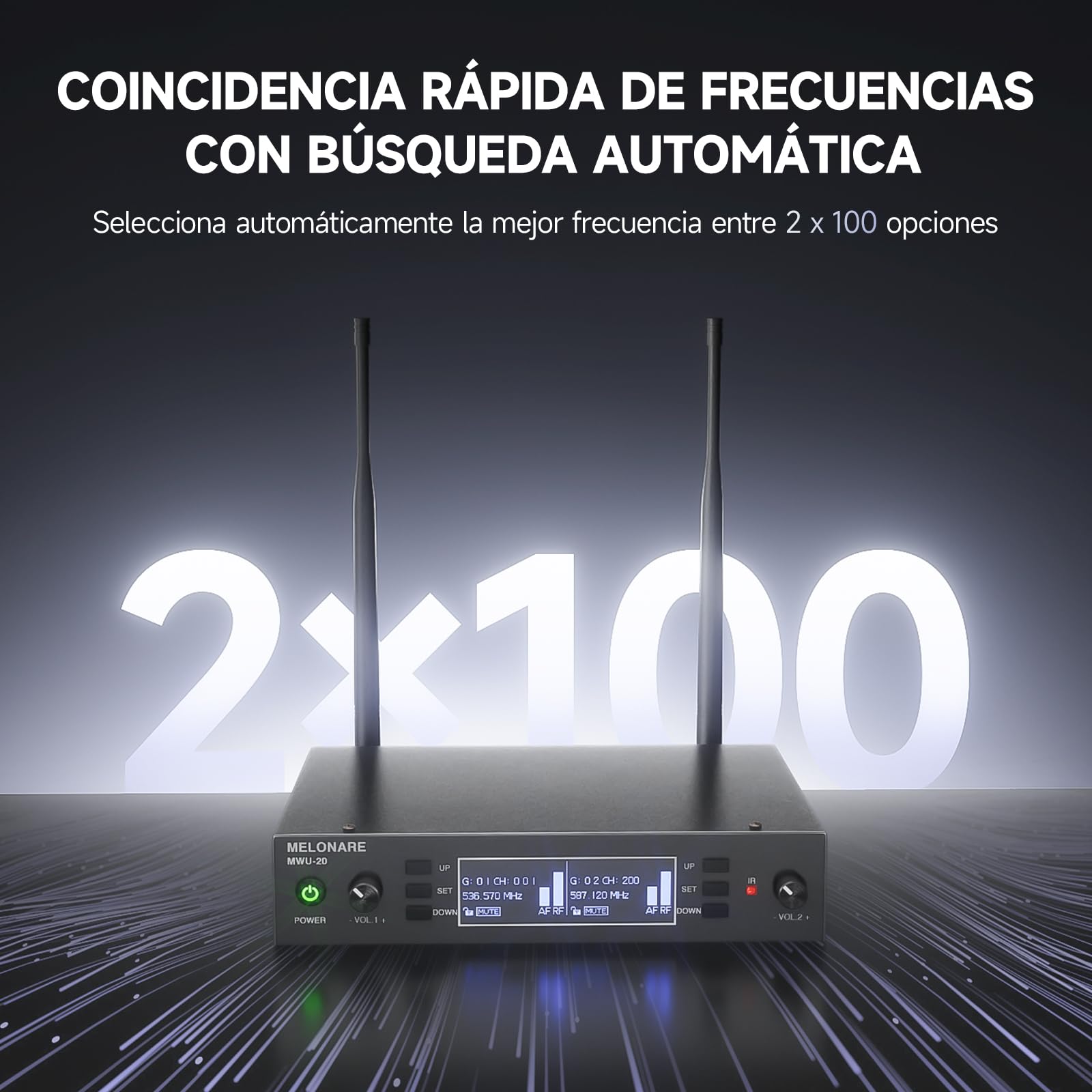 MELONARE Sistema Micrófono Inalámbrico UHF Dual Auto Scan MWU-20-2H | 2 micrófonos dinámicos de mano, 2 x 100 frecuencias, rango de 79 metros, canto, karaoke, iglesia y sets DJ