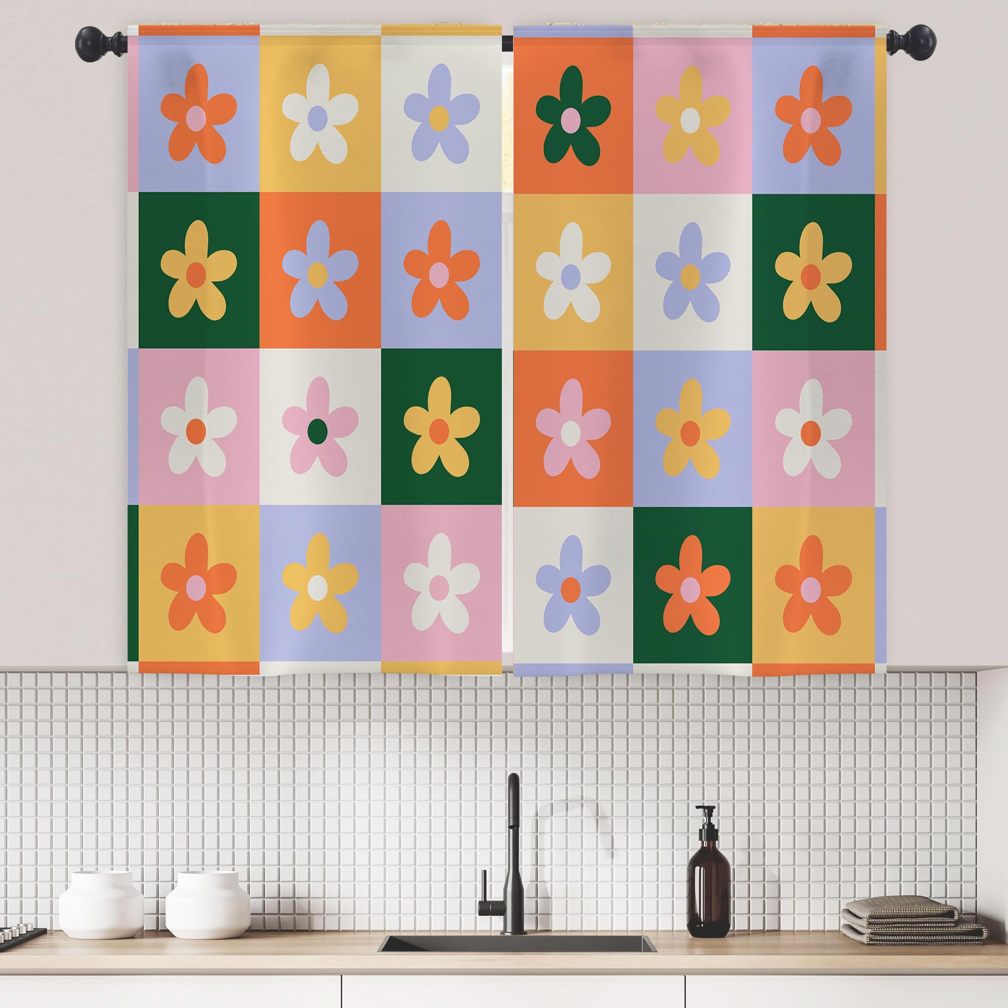 Visioun Colorful 70s Flower Groovy Kitchen Curtains Retro Funky Hippie Floral Small Short Cafe Window Curtain Y2K Aesthetic Rod Pocket Tier Window