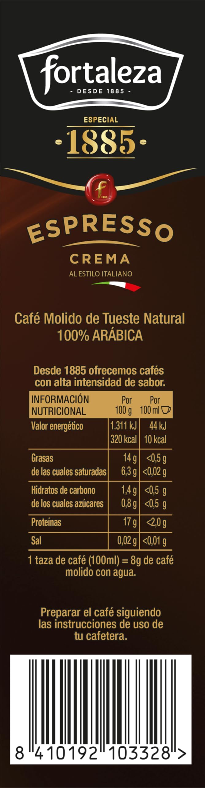 CAFÉ FORTALEZA Café Molido Espresso Natural Intensidad Media 100% Arábica - Pack 8 unidades Total 2 Kg