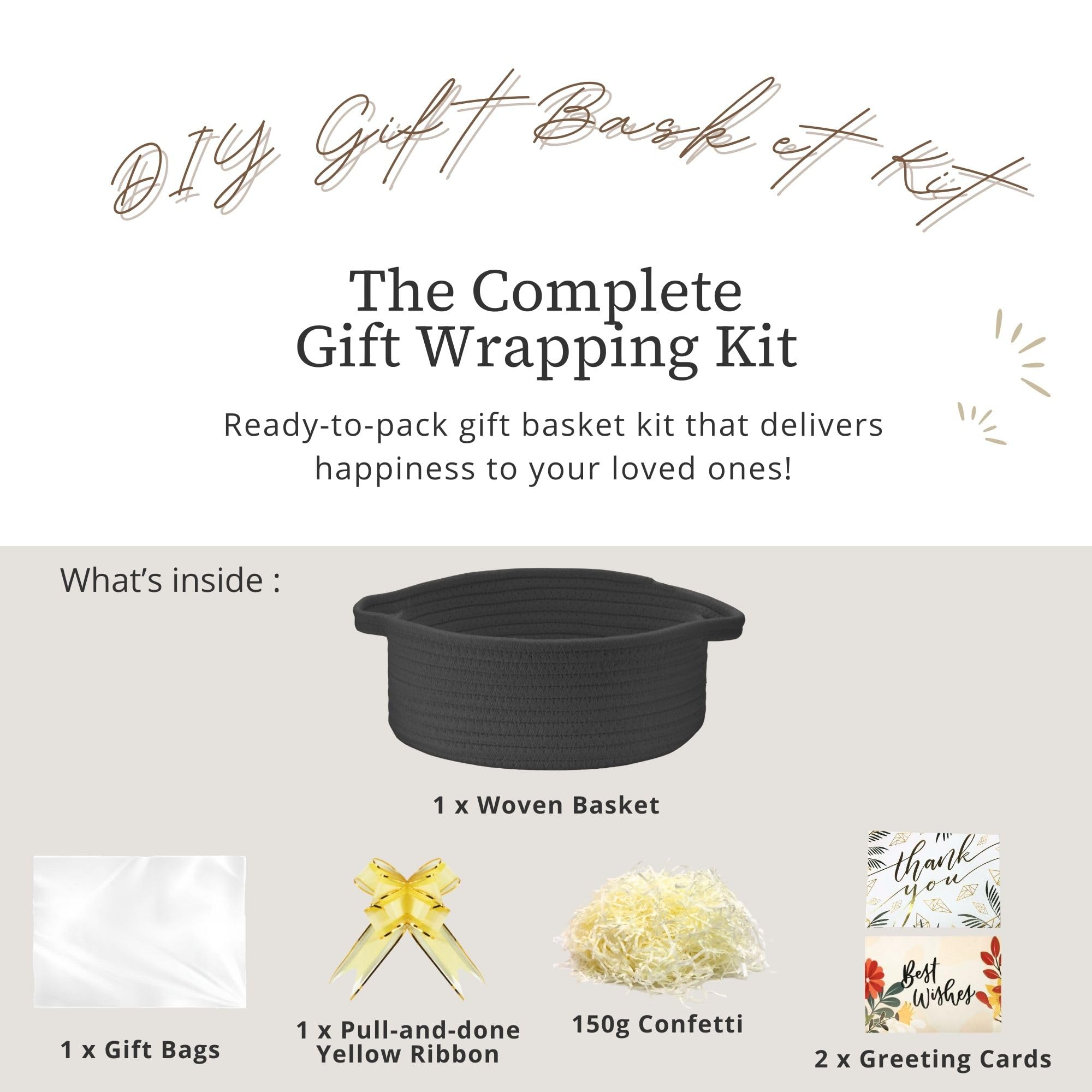 momolette Basket for Gifts Empty, Woven Gift Basket Set with Gift Bag, Ribbon, Greeting Cards & 5.3 oz Raffia Paper Filler for Birthdays, Baby Showers, Weddings, Holidays (Black)