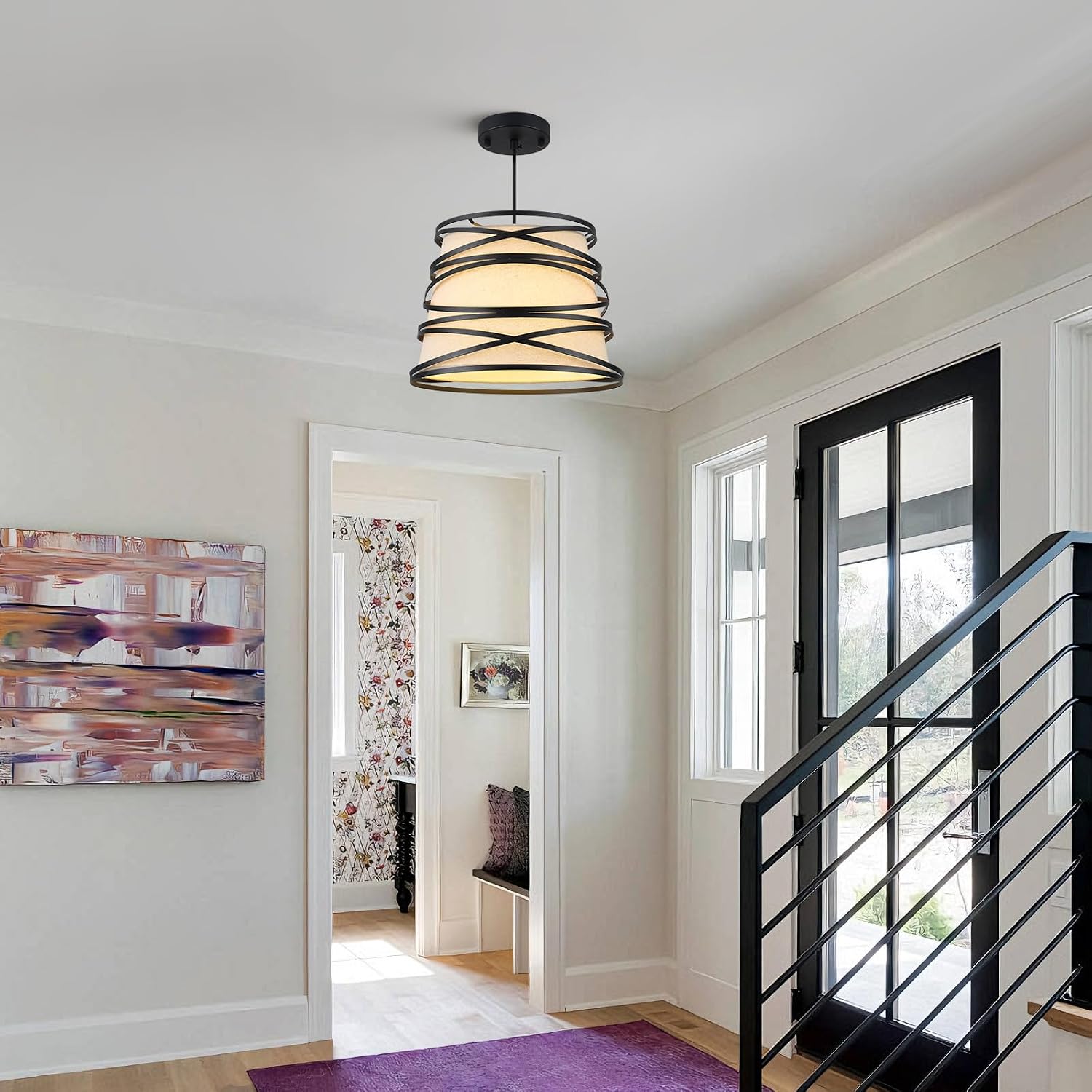 Modern Drum Pendant Light with Black Metal Cage & Cream Fabric Shade, Industrial Farmhouse Hanging Light Fixture for Kitchen Island, Dining Room, Living Room, Hallway