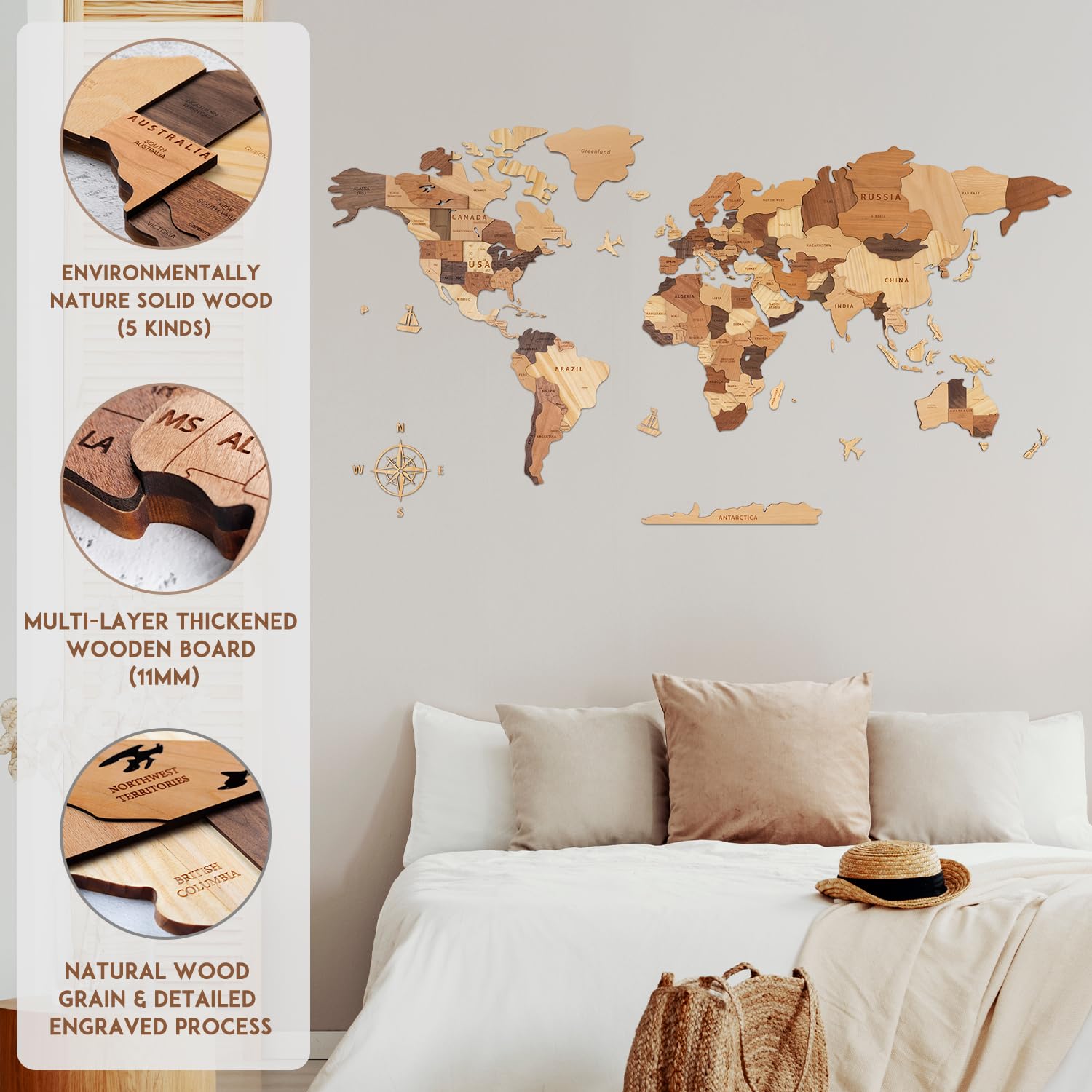 Creawoo Drewniana mapa świata 3D, dekoracja ścienna, wielowarstwowa, naturalna, masywna, drewniana, do domu i biura, wielokolorowa mapa podróżna z drewna, idealna na kreatywny prezent, 200 x 114 cm