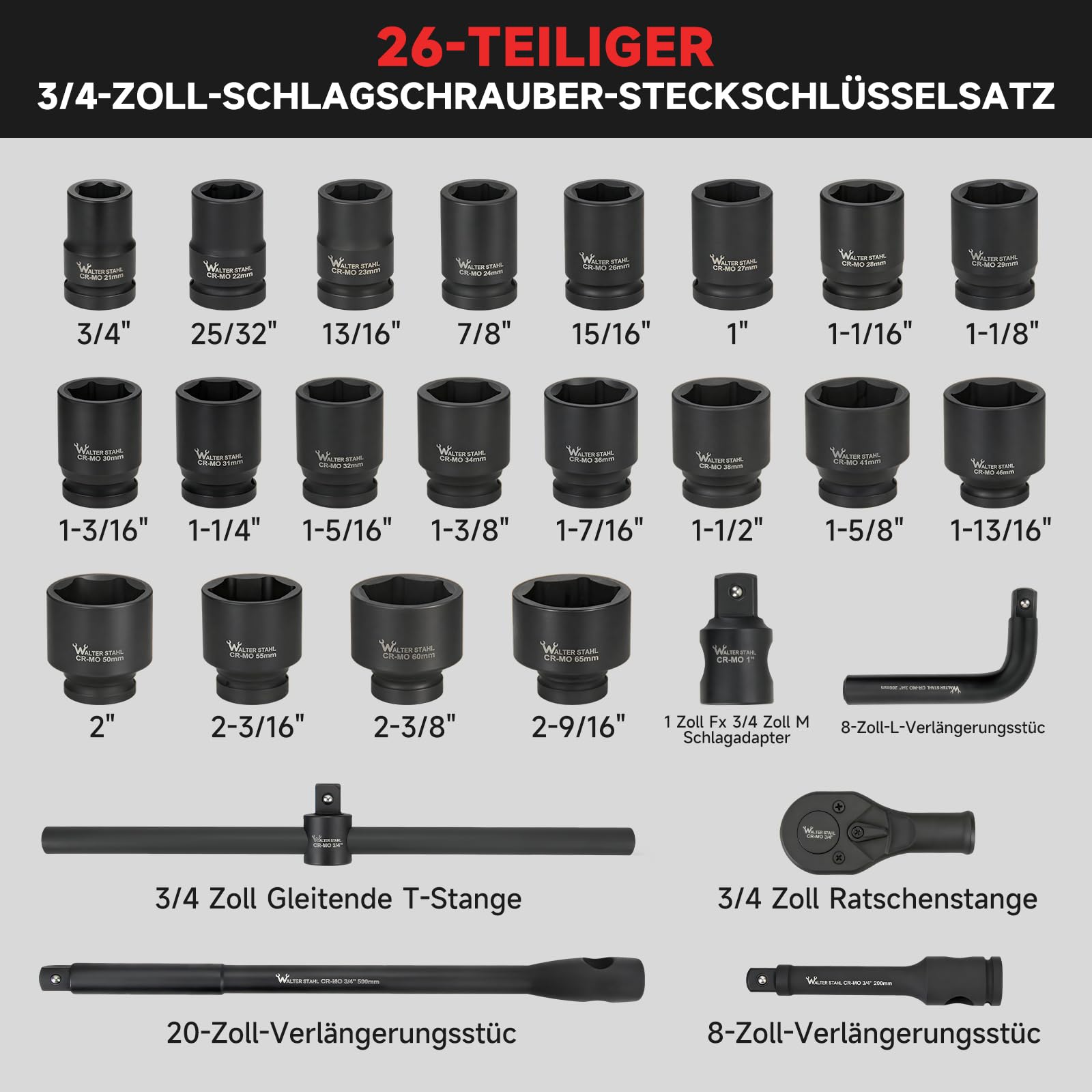 WALTER ACCIAIO Set di 26 cacciaviti a percussione, dadi da 3/4", adattatore per bussola, dimensioni metriche standard (21-65 mm) | Set di chiavi a bussola in acciaio Cr-V