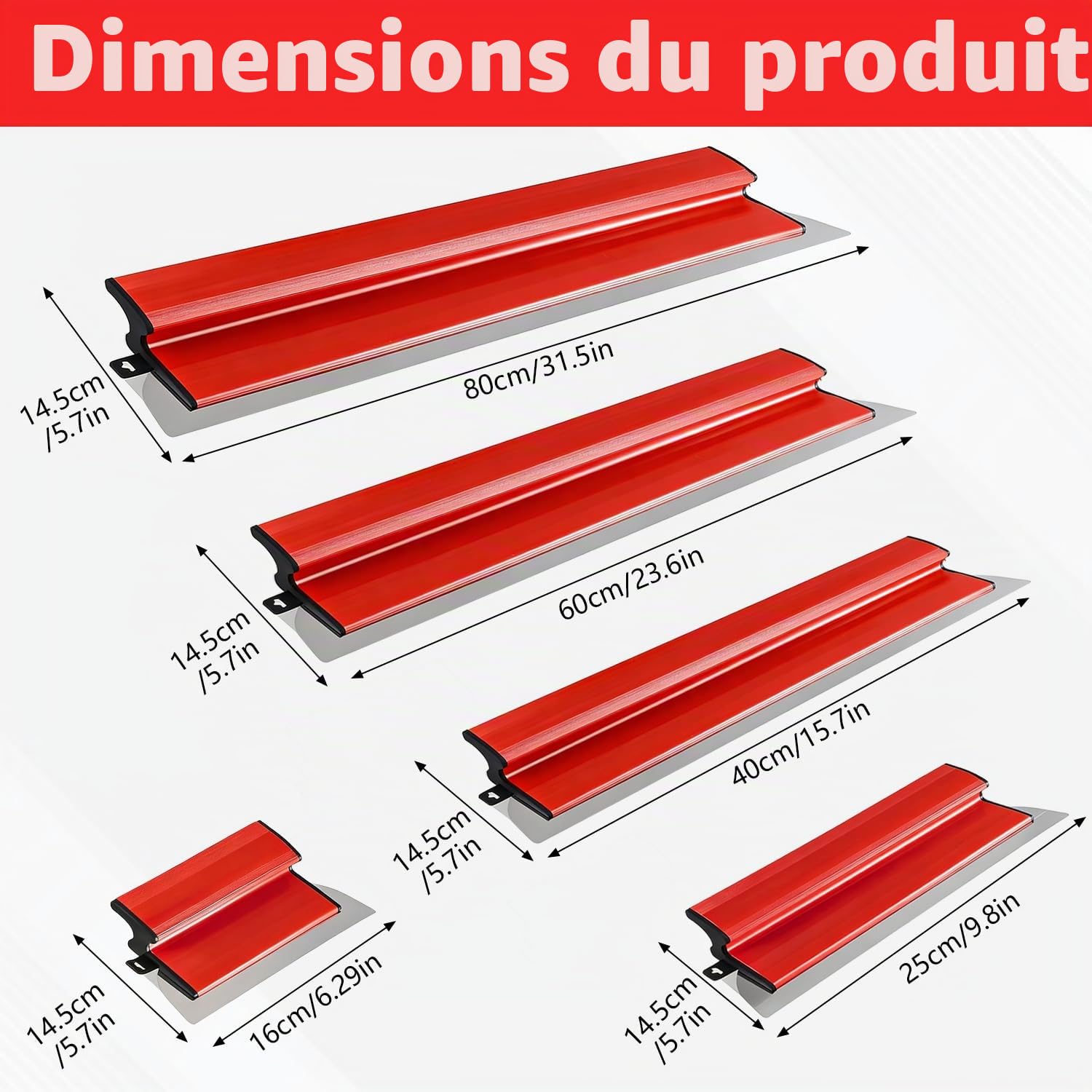 Set de spatules professionnelles dans un étui, incl. 5 x spatules de surface (16 cm demi-lune, 25 cm, 40 cm, 60 cm, 80 cm) avec 2 spatules à main, tige télescopique en aluminium, embout de manche et