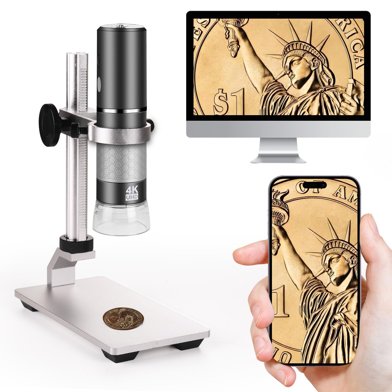 Mikroskop Mostanne 4K z metalowym uchwytem Pro, aparat cyfrowy mikroskop o rozdzielczości 3840 x 2160, powiększenie 50X do 1000X, kompatybilny z tabletami iPhone Android Mac Chrome Linux i Windows