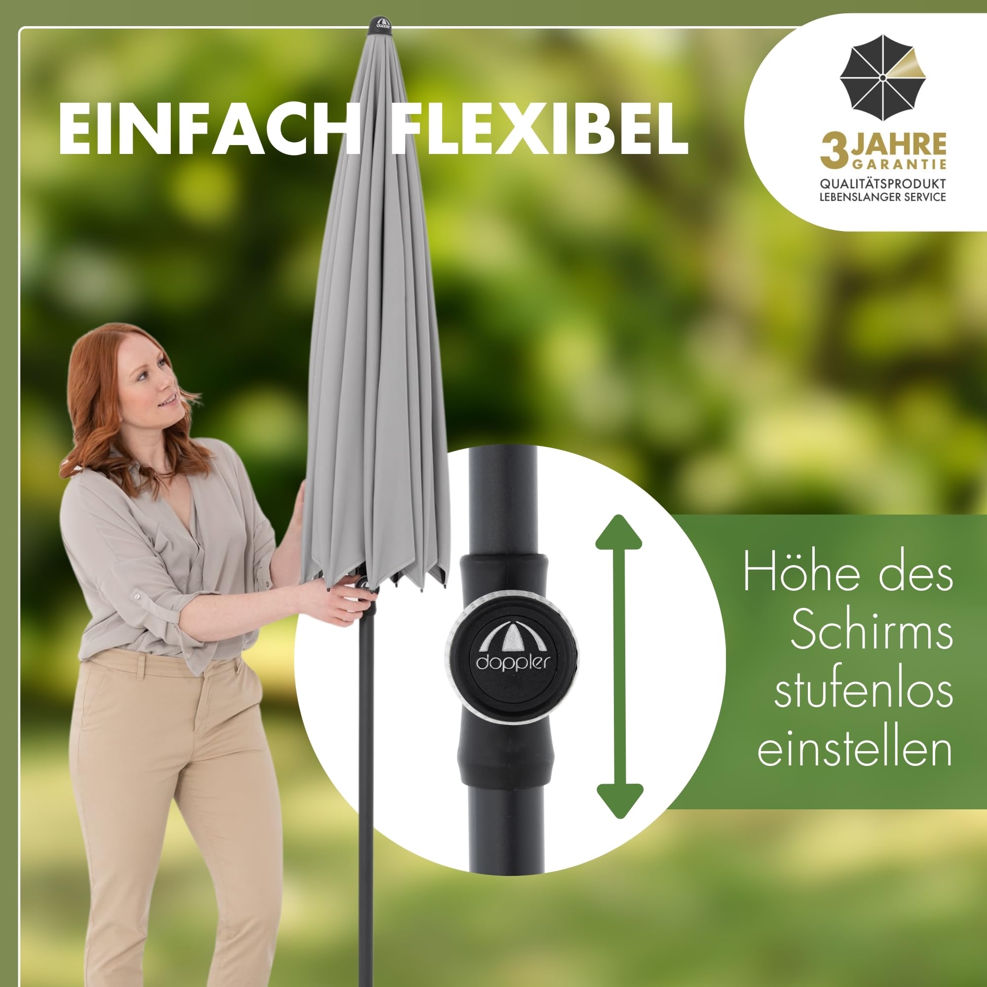 Doppler Sonnenschirm für den Garten Rethink 200cm in Natur - Runder Sonnenschirm für Balkon & Terrasse - Nachhaltiger Schirm aus 100% recyceltem Polyestergewebe - Balkonsonnenschirm mit Hülle