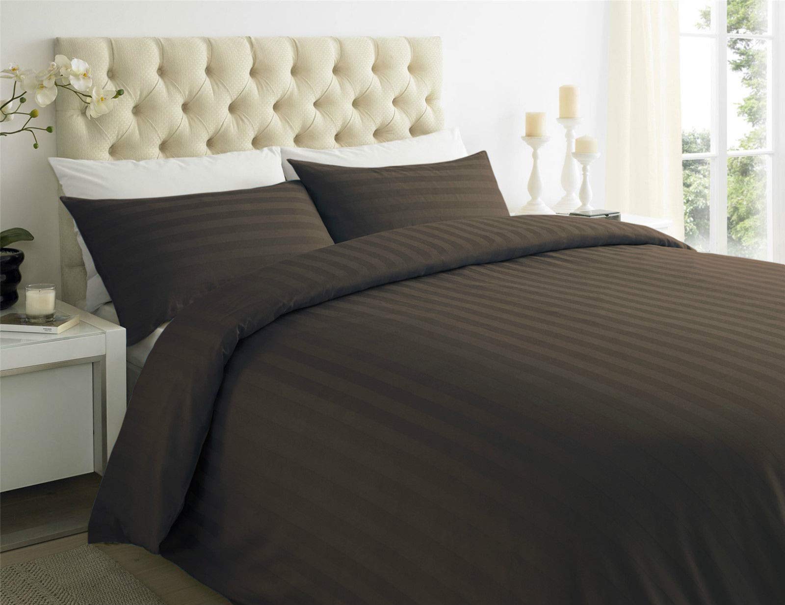 ES Bargains Duvet Cover 400TC Egyptian Cotton Stripe Duvet Quilt Cover With Pillowcase Bedding Set (Chocolate, Super King)