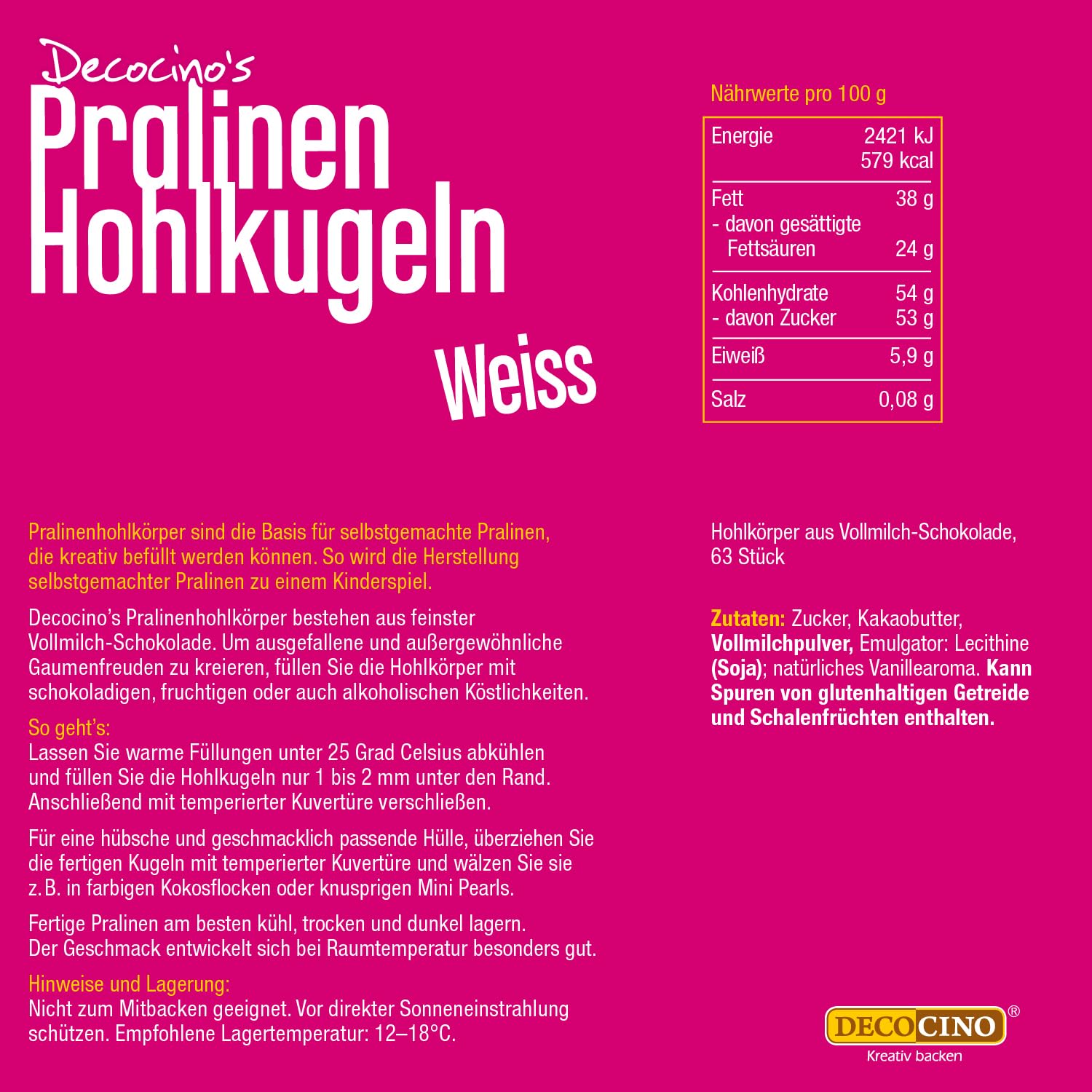 DECOCINO Pralinen-Hohlkörper (63 Stk) – Weiße Schokolade – Pralinen-Form |Pralinen selber machen – ideale Pralinen-Hohlkugeln für Weihnachts-Pralinen | 63 Stück (1er Pack)