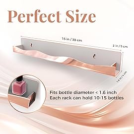 Wall-Mounted Nail Polish Organizer Rack - 15-Inch Rose Gold Mirror Finish Nail Polish Shelf, Makeup & Beauty Essentials Storage - Multi-Purpose Display Holder for Small Space, Vanity Bathroom, 6 Pack