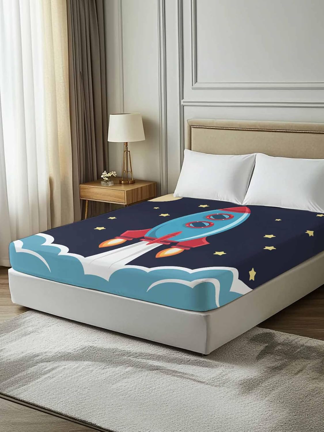 Full Flat Sheet, Cartoon Rocket Full Bed Sheets Only, Soft Microfiber Flat Sheet, Chic Cute Funny Stars Moon Sky Clouds Hotel Quality Bedding Top Sheet Bedroom Home Dorm Decor