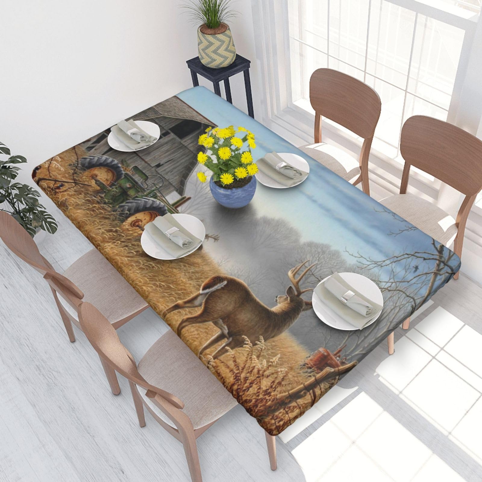 BNVSADC Farm with deer Printed 4FT Tablecloth 122x76 CM Polyester Kitchen Water Resistant Table Cloth Dining Table Decoration Table Covers
