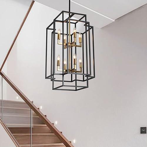 Sdorens 8-Lights Lantern Tiered Pendant Light Fixtures, Industrial Farmhouse Hanging Chandelier for Enterway Dining Room Foyer Living Room Island Kitchen Staircase (Black & Gold)
