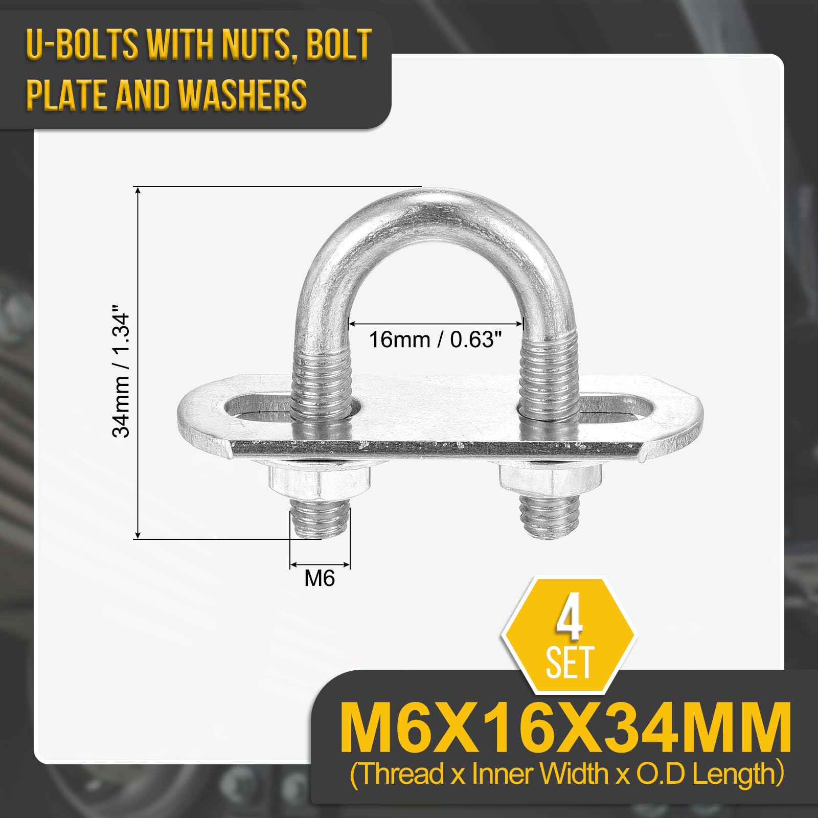 DTGN M6x16x34mm U Bolts Round Kit, 4Set, 304 Stainless Steel U-Bolt Kit with Nuts, Washers, Frame Plate - Image 2