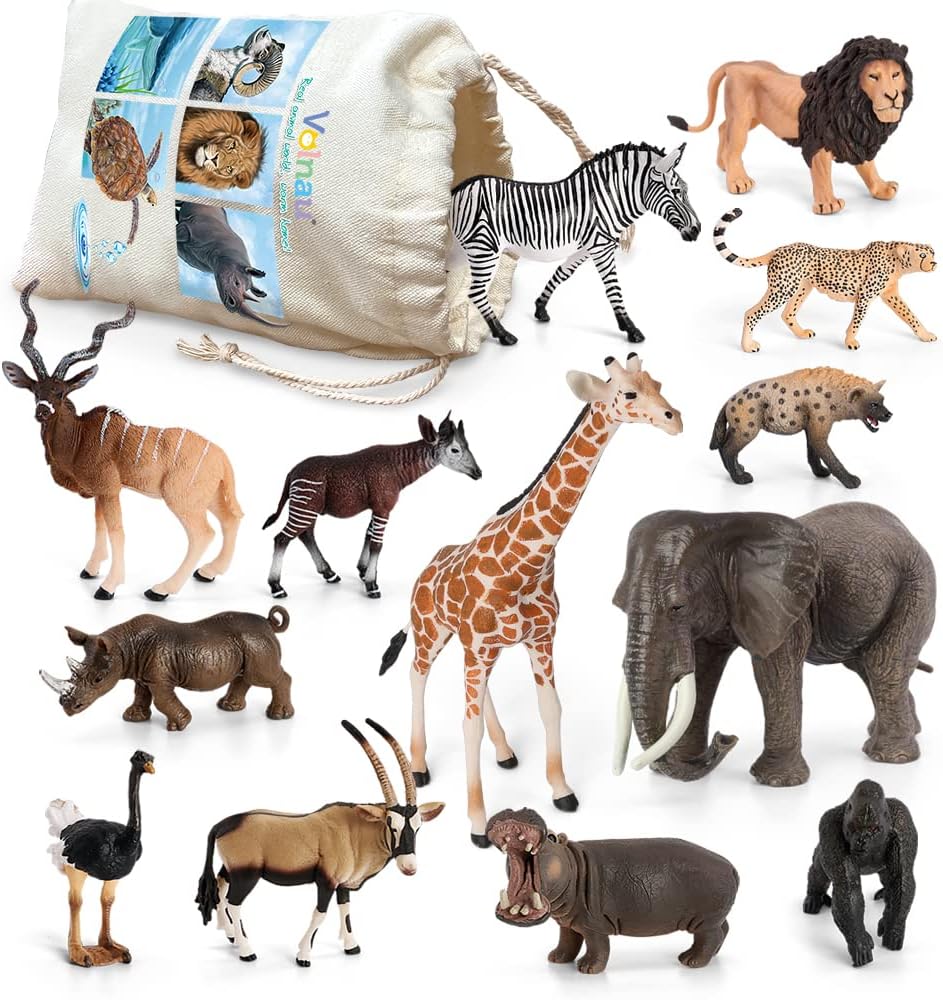 Volnau Safari Animal Figurines Toys 13PCS Africa Figures for Kids Toddlers Christmas Decoration Gift Preschool Educational Zoo Pack Lion Jungle Forest King Set