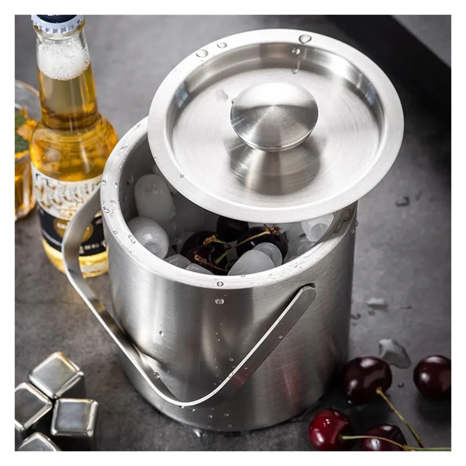 Cubo de Hielo de Acero Inoxidable de 1300 ml, Cubo de Hielo de Doble Pared con Tapa, Cubo de Hielo Aislado con asa, for Enfriar champán, Cerveza y Vino. para Bar, Cumpleaños, Fiestas