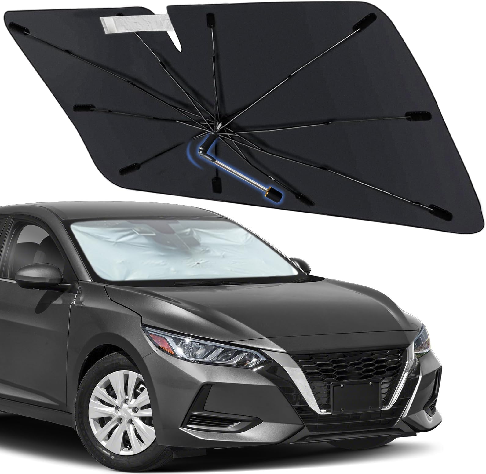 Windshield Sun Shade Umbrella, Foldable Car Sunshade for Front Windows with 360° Rotating Shaft, Custom fit Q7 Sun Visor Shield for UV Blocking and Heat Insulation