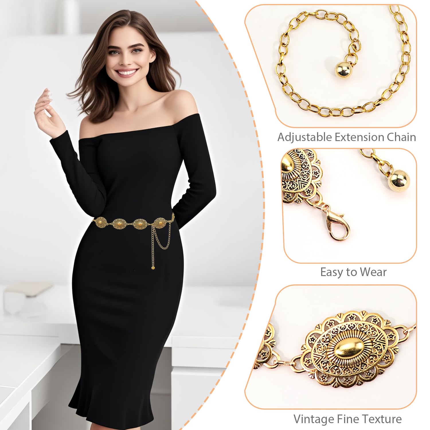 Western Concho Chain Belt for Women Boho Metal Belts For Country Concert Dresses Jeans Cowgirl Vintage Waist Belt