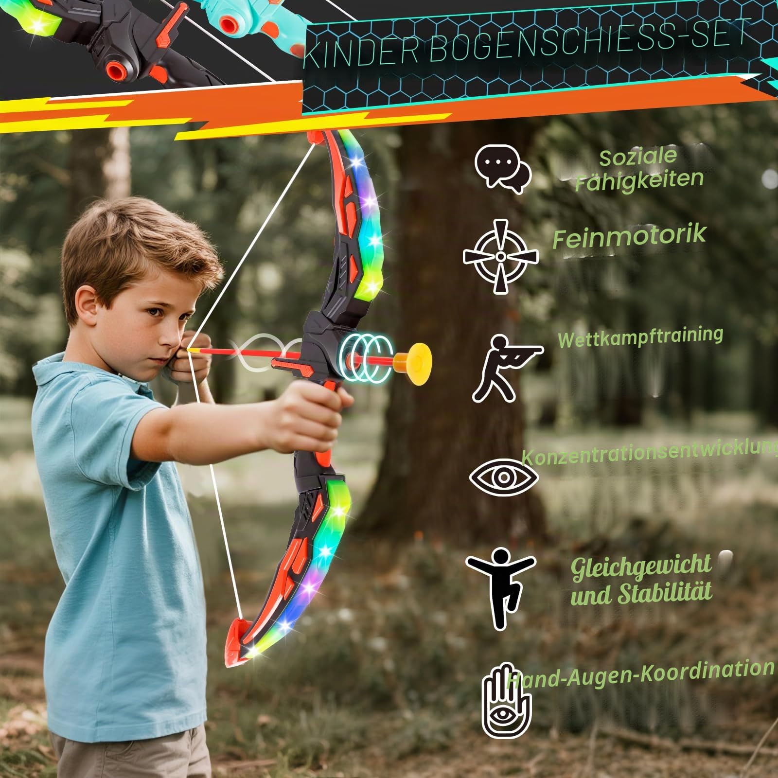 2 Pack Bogenschießen Set für Kinder Bogen und Pfeil mit LED-Beleuchtung für Innen- und Außenbereich Spielzeug für Jungen und Mädchen im Alter von 4-12 Jahren Geschenk