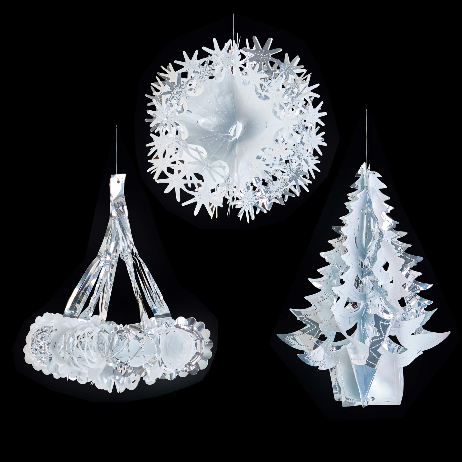 Premier Silver Set Of 3 Christmas Foil Ceiling Decoration Hanging 30Cm-40Cm & White