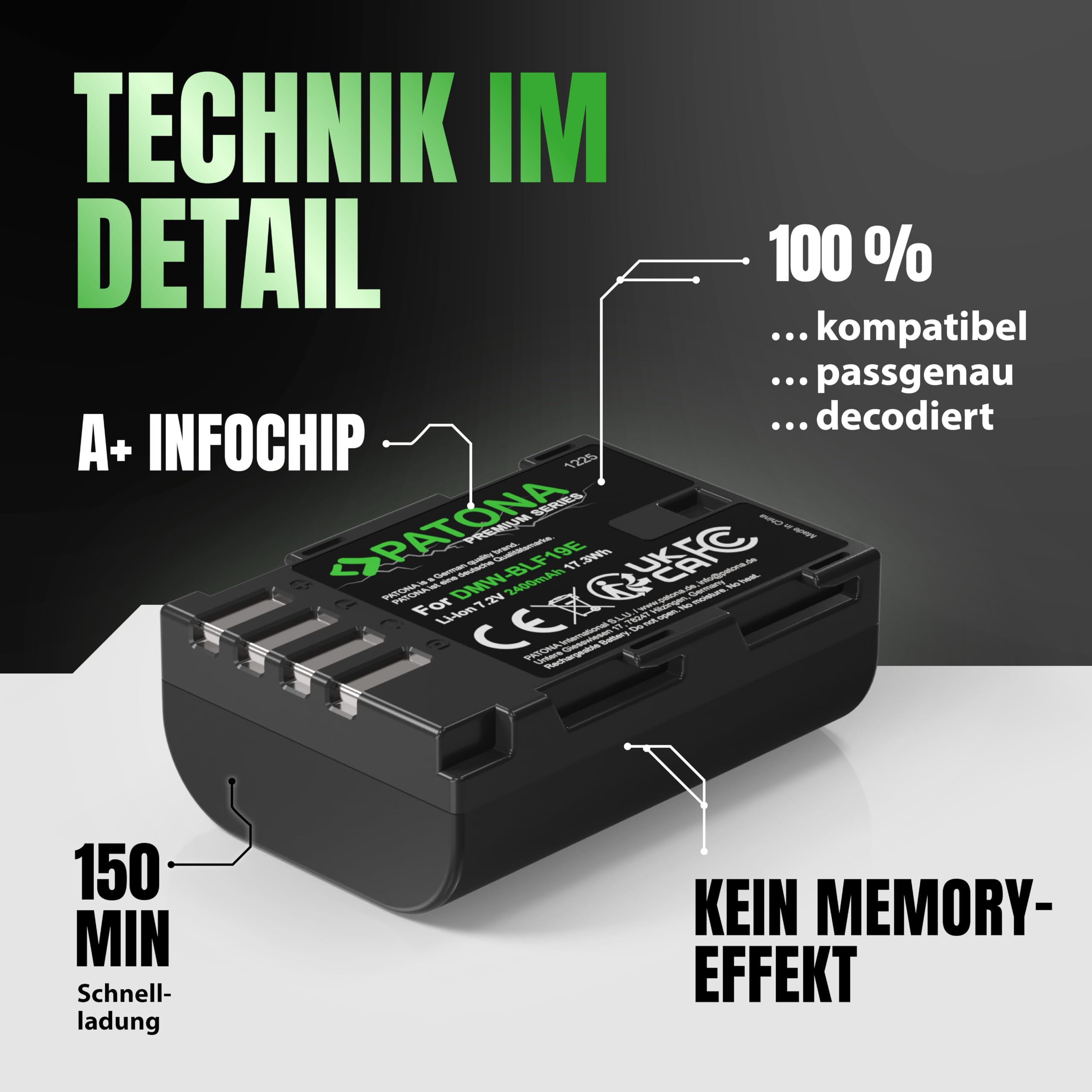 PATONA 2X Premium Akku Ersatz für Panasonic DMW-BLF19 BLF19E, 2400mAh