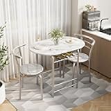 Shahoo 3-Piece Wooden Dining Table Set, Kitchen Breakfast Nook Sets with 2 Chairs & Round Tabletop, Space Saving Furniture Metal Frame and Built-in Wine Rack, Marble White