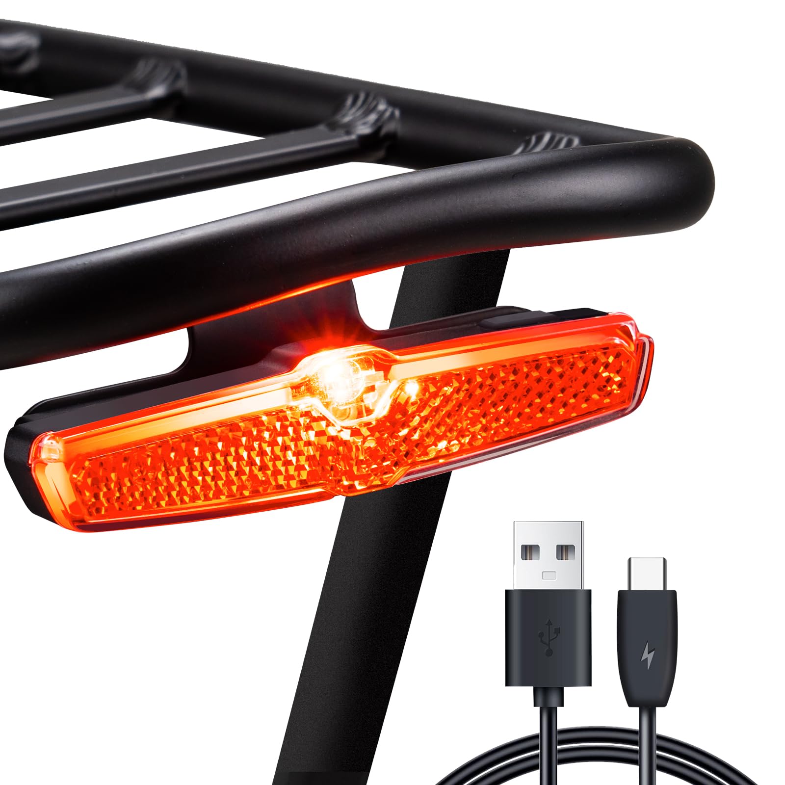 StVZO Fanale posteriore per bicicletta per portapacchi – Luce posteriore a LED ricaricabile con funzione luce dei freni, USB-C, IPX5, impermeabile, visibilità 220°, montaggio portapacchi 50-80