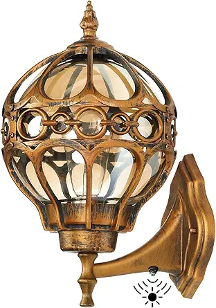 Outdoor Wall Light Fixtures with Dusk to Dawn Sensor, Gold Exterior Aluminum Waterproof Porch Lights, Globe Anti-Rust Outside Sconce Lantern Wall Mount with Amber Glass for Patio Garage Doorway
