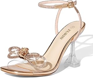 ZURIN Women's Rhinestone Bow Heels Square Toe Clear Heeled Sandals Slingback High Heels Dress