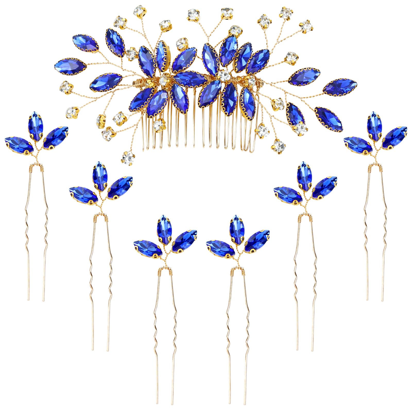 inSowni 7 Pieces Royal Blue Rhinestone Wedding Bridal Hair Side Comb Slide+U-shaped Hairpins Hair Accessories Headpieces for Women Girls Brides Bridesmaids